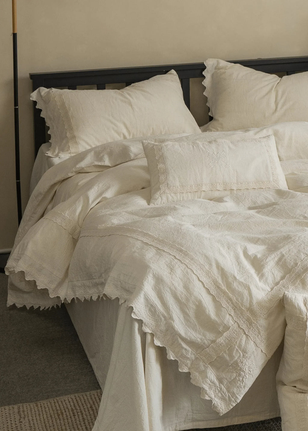 Esme French Linen Cotton Embroidered Floral Bedding Set / White