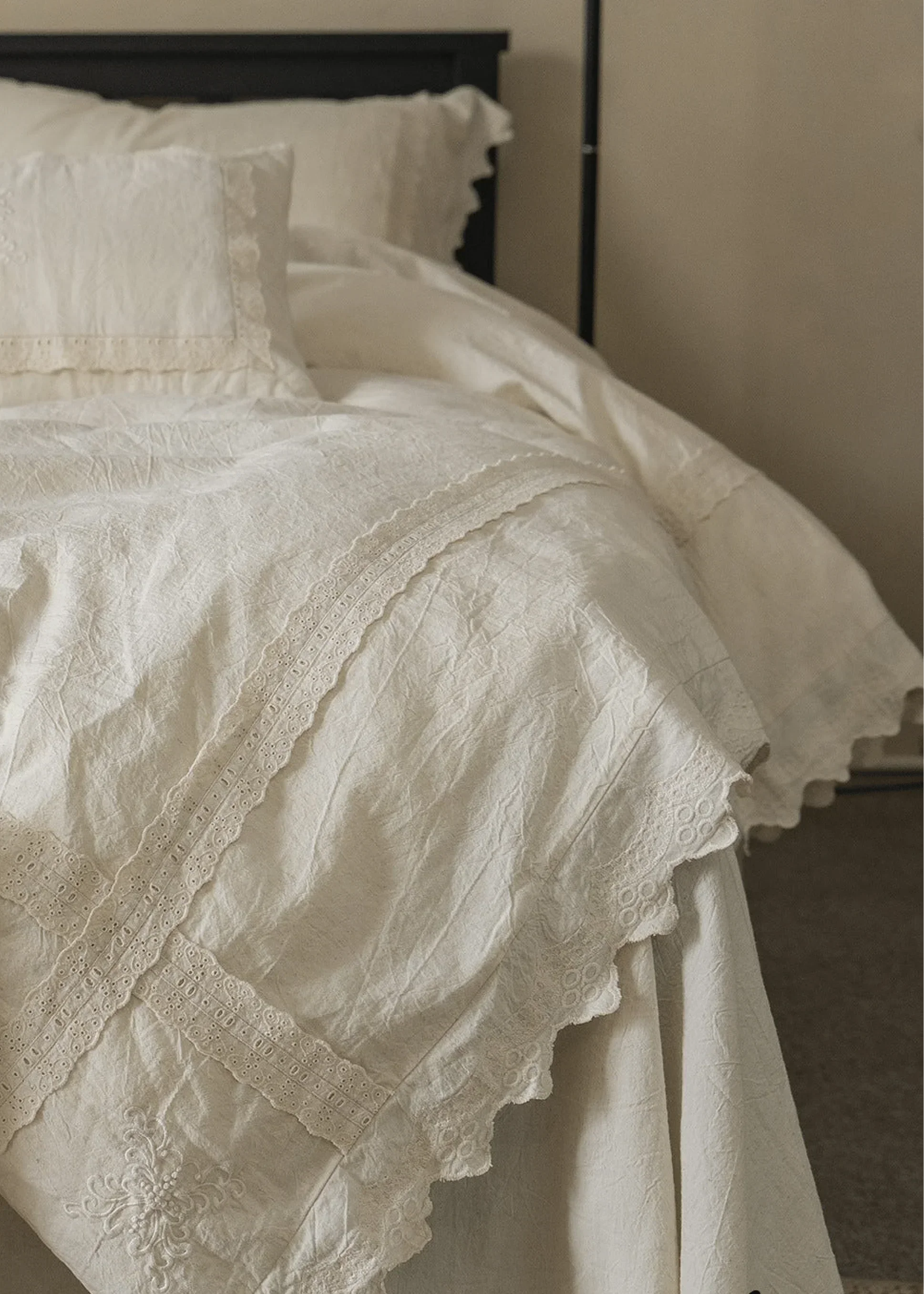 Esme French Linen Cotton Embroidered Floral Bedding Set / White