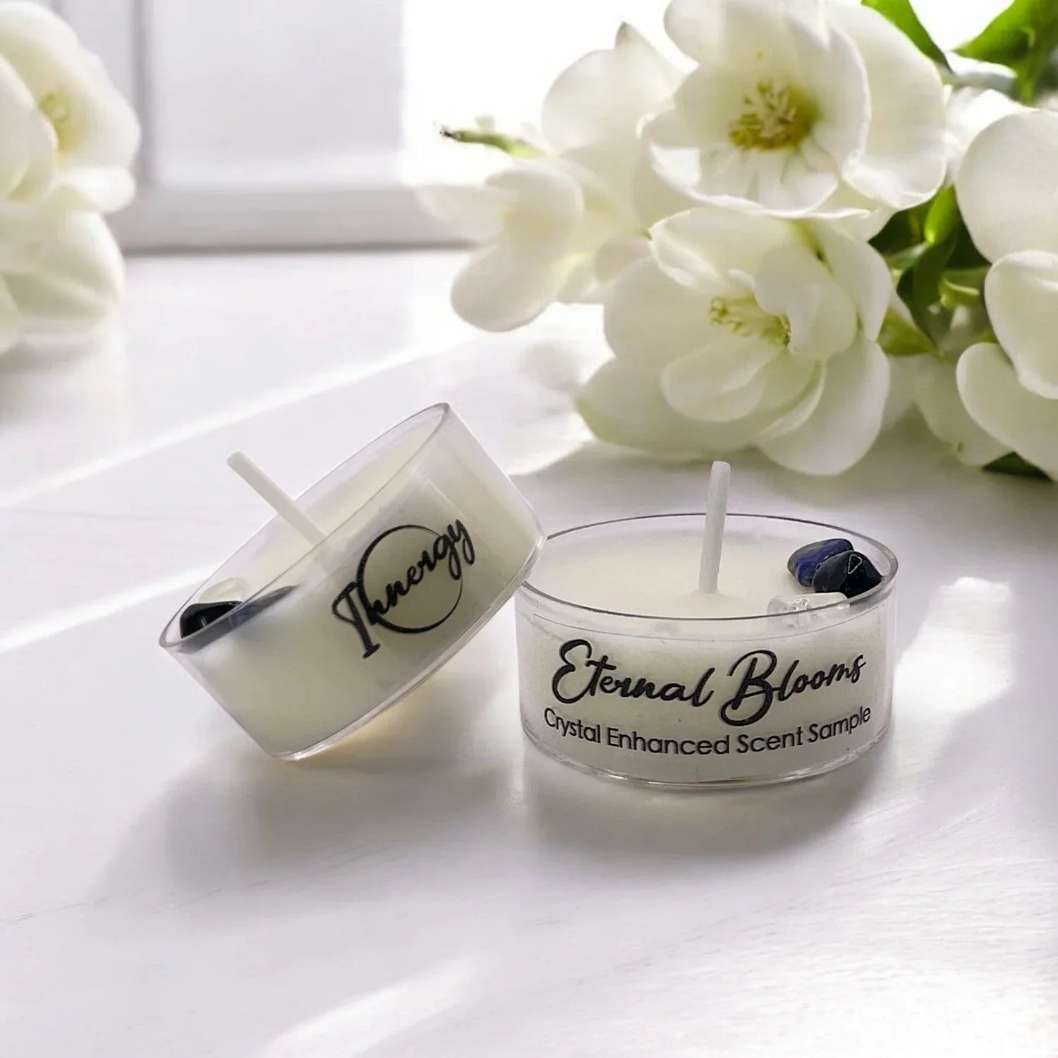 Eternal Blooms, Premium Coconut-soy Wax Tea Light Crystal Candle, 1oz, front view - House Of Avana