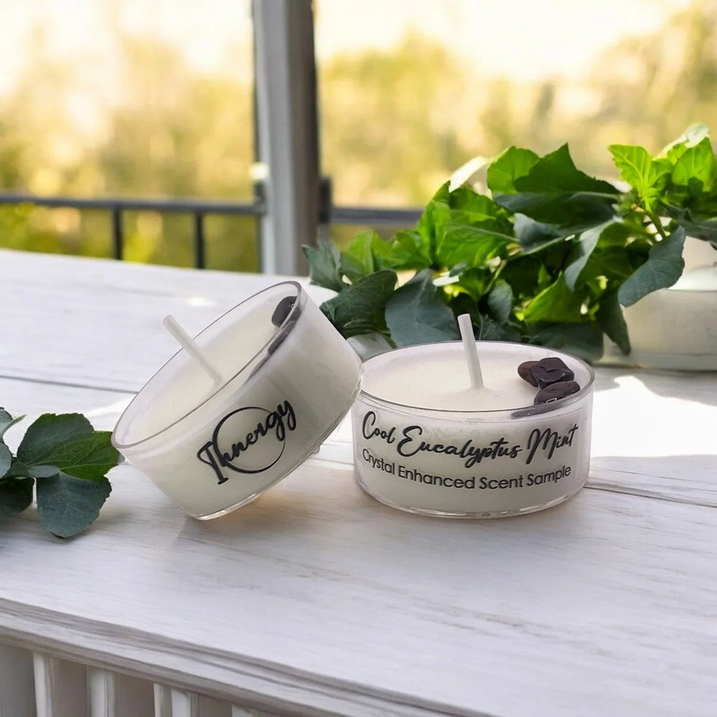 Clear glass tea light candle with eucalyptus mint crystal, coconut-soy wax - House of Avana