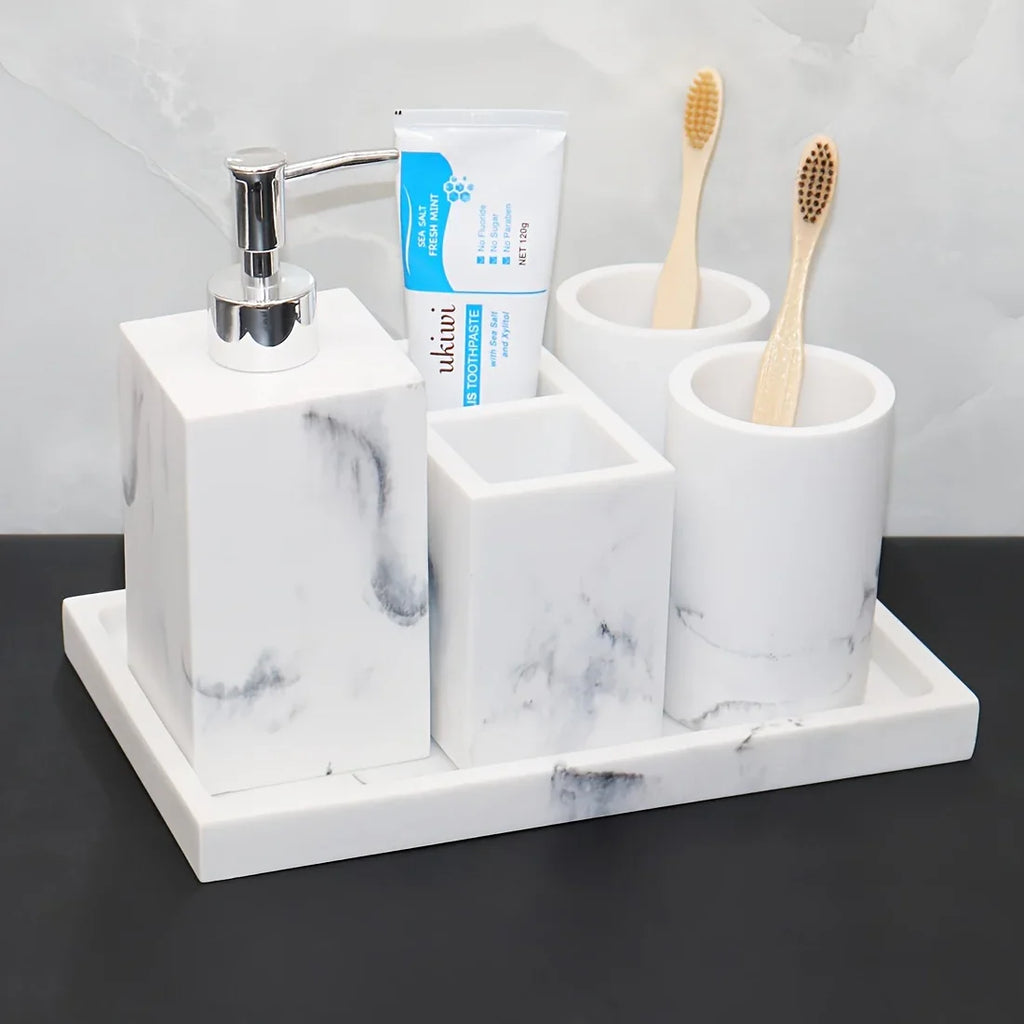 European Style 5-piece Bathroom Accessory Set with Faux Marble Design - Includes Soap Dispenser,... - House Of Avana