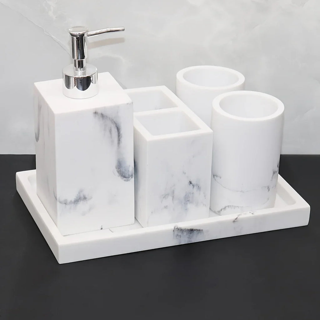 European Style 5-piece Bathroom Accessory Set with Faux Marble Design - Includes Soap Dispenser,... - House Of Avana