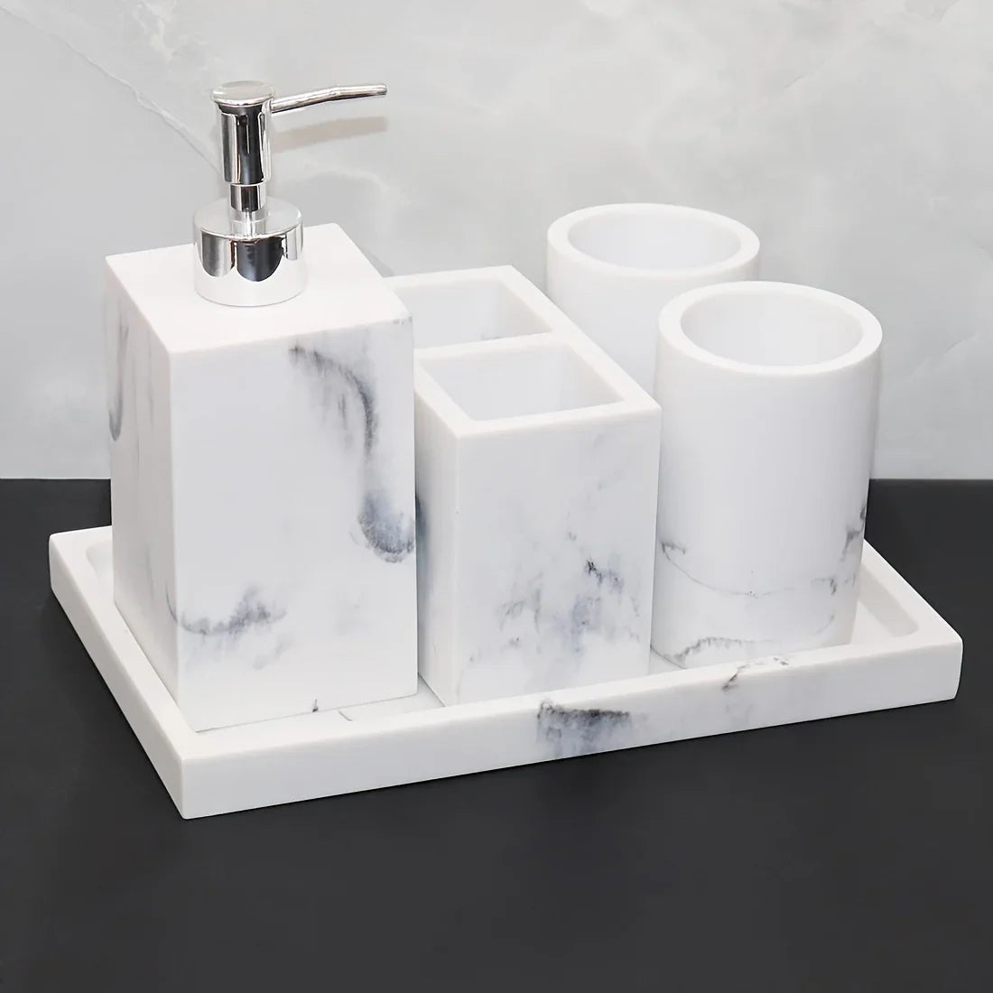 European Style 5-piece Bathroom Accessory Set with Faux Marble Design - Includes Soap Dispenser,... - House Of Avana