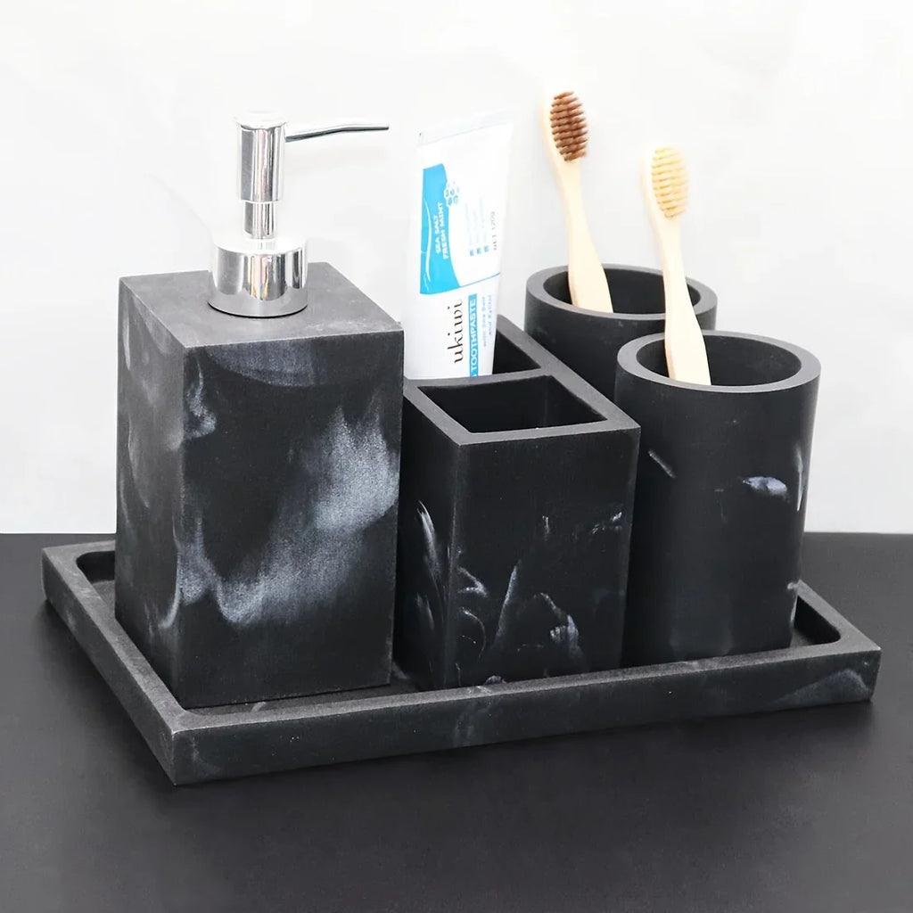 European Style 5-piece Bathroom Accessory Set with Faux Marble Design - Includes Soap Dispenser,... - House Of Avana