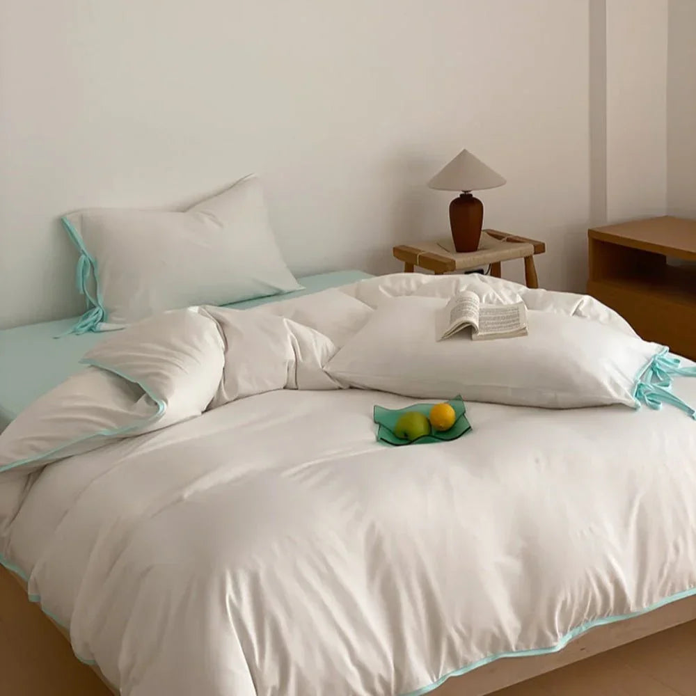 Evangeline Pastel Bow Tie Twill Bedding Set / Green Ever Lasting