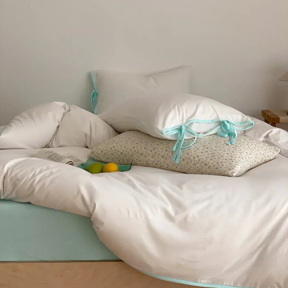 Evangeline Pastel Bow Tie Twill Bedding Set / Green Ever Lasting