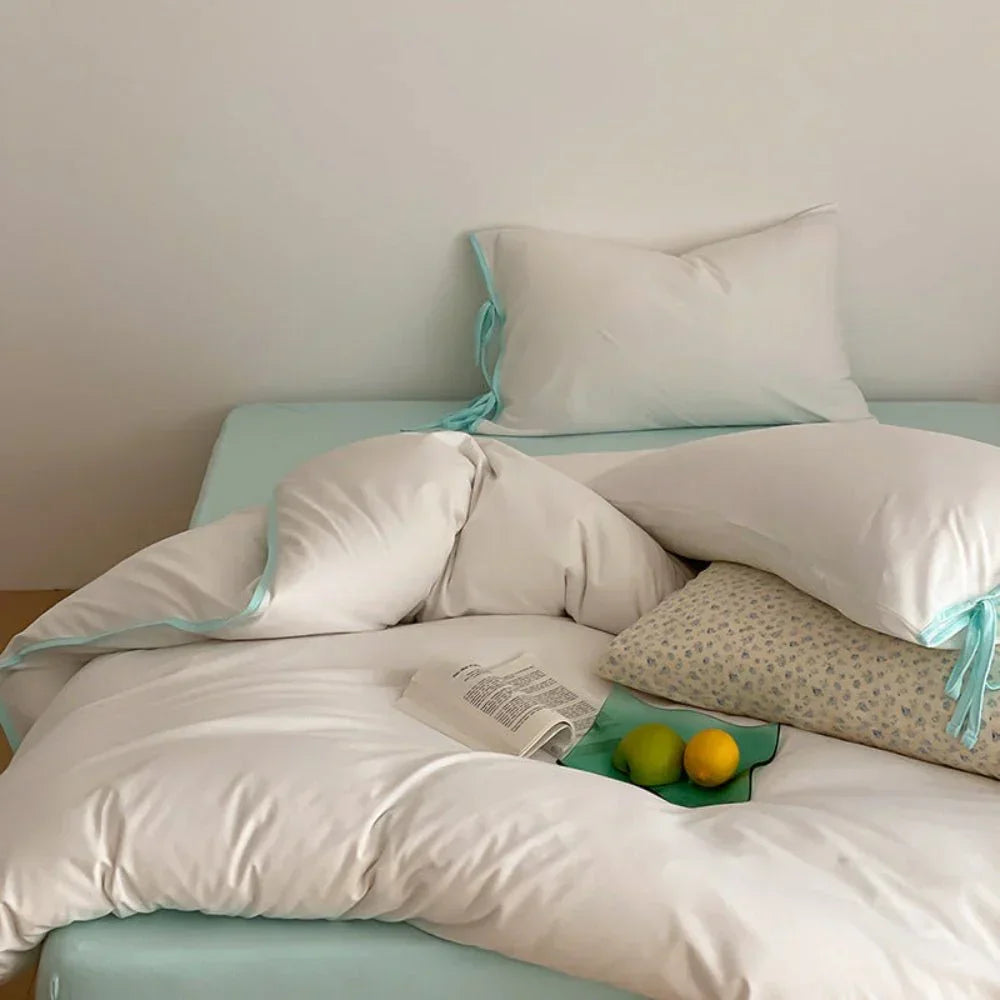 Evangeline Pastel Bow Tie Twill Bedding Set / Green Ever Lasting