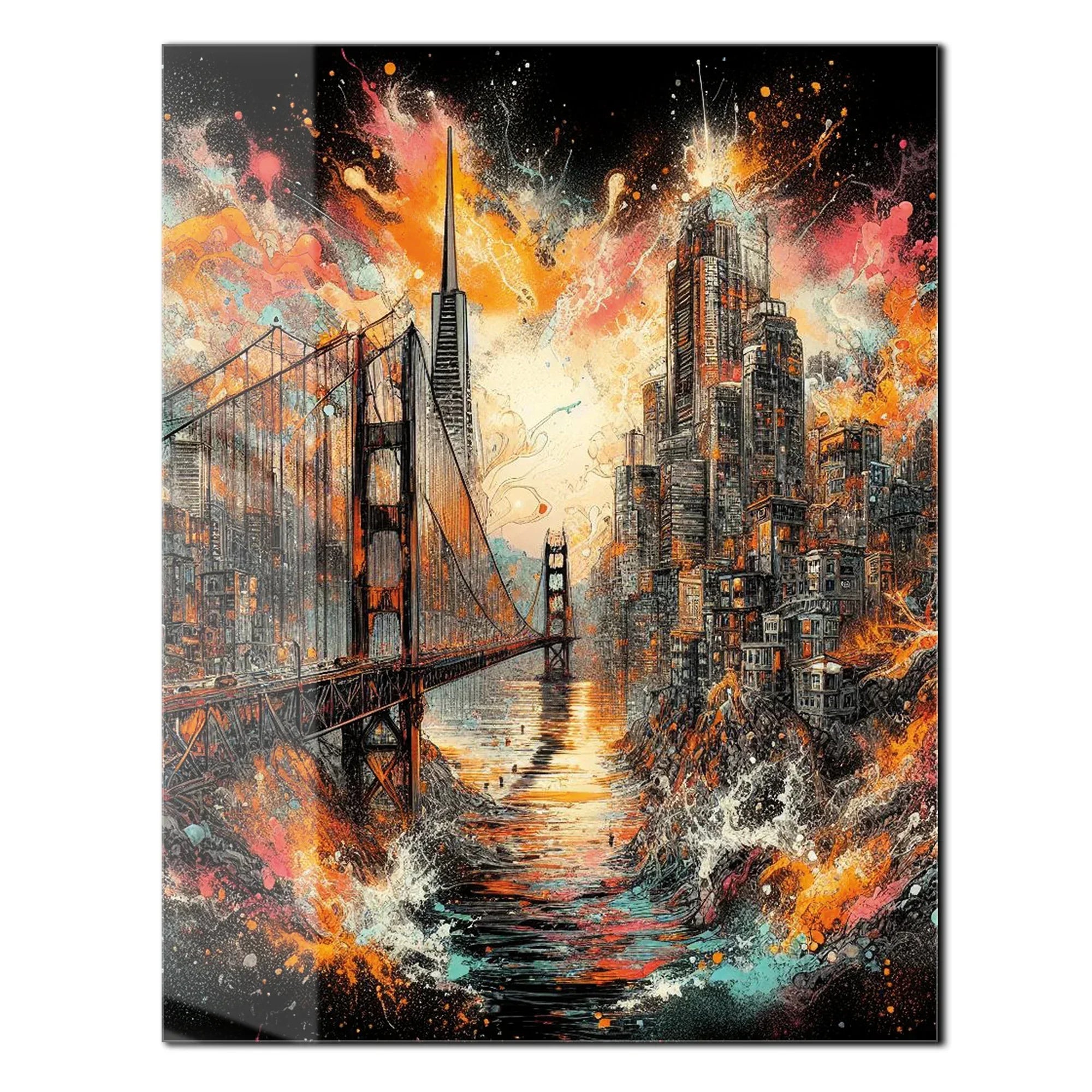 Explosive Golden Gate Cityscape Glass Wall Art – UV Printed Urban Abstract Panel-KAFCD061 Peony Atelier