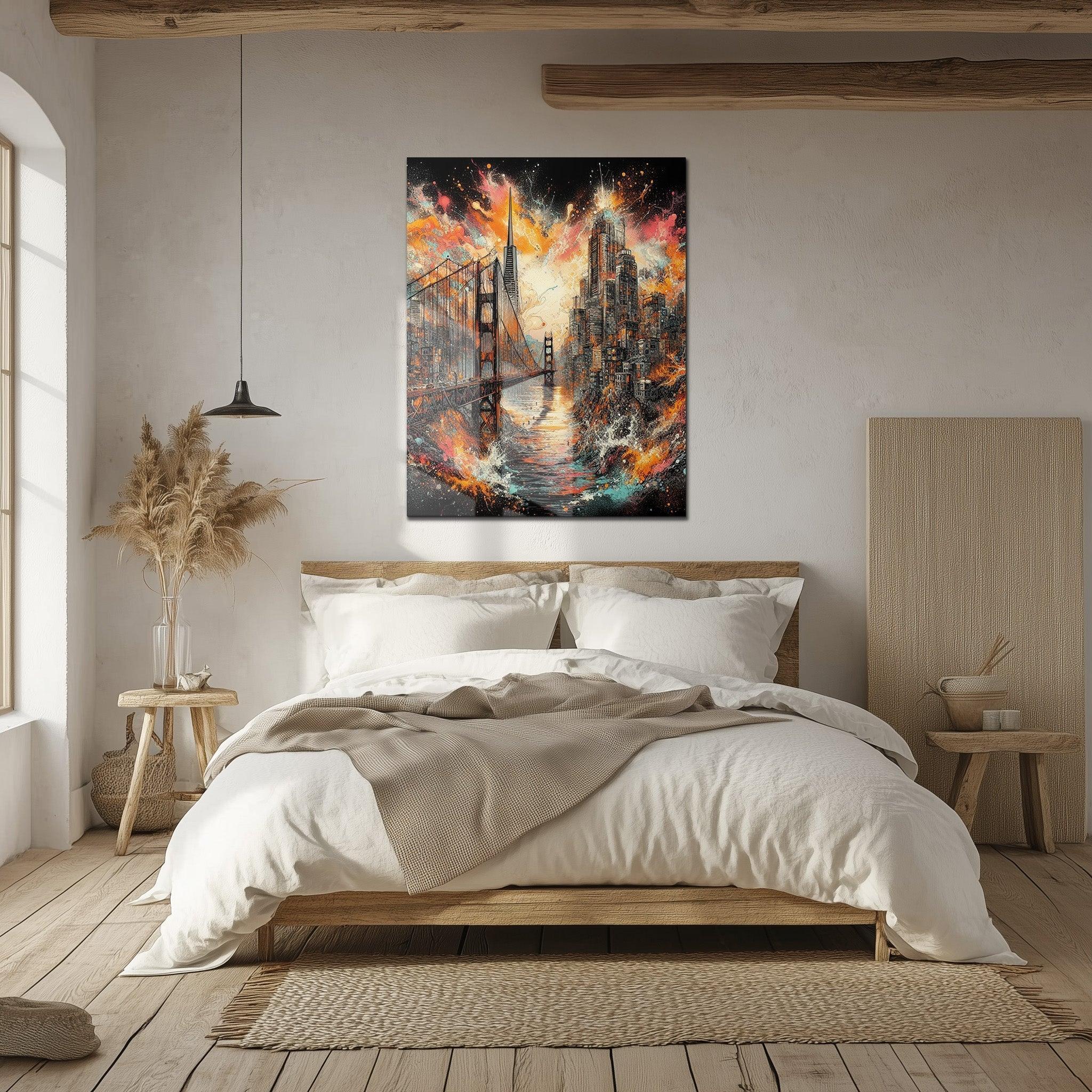 Explosive Golden Gate Cityscape Glass Wall Art – UV Printed Urban Abstract Panel-KAFCD061 Peony Atelier