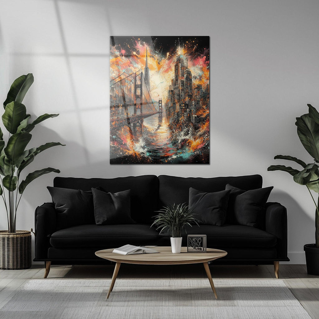 Explosive Golden Gate Cityscape Glass Wall Art – UV Printed Urban Abstract Panel-KAFCD061 Peony Atelier