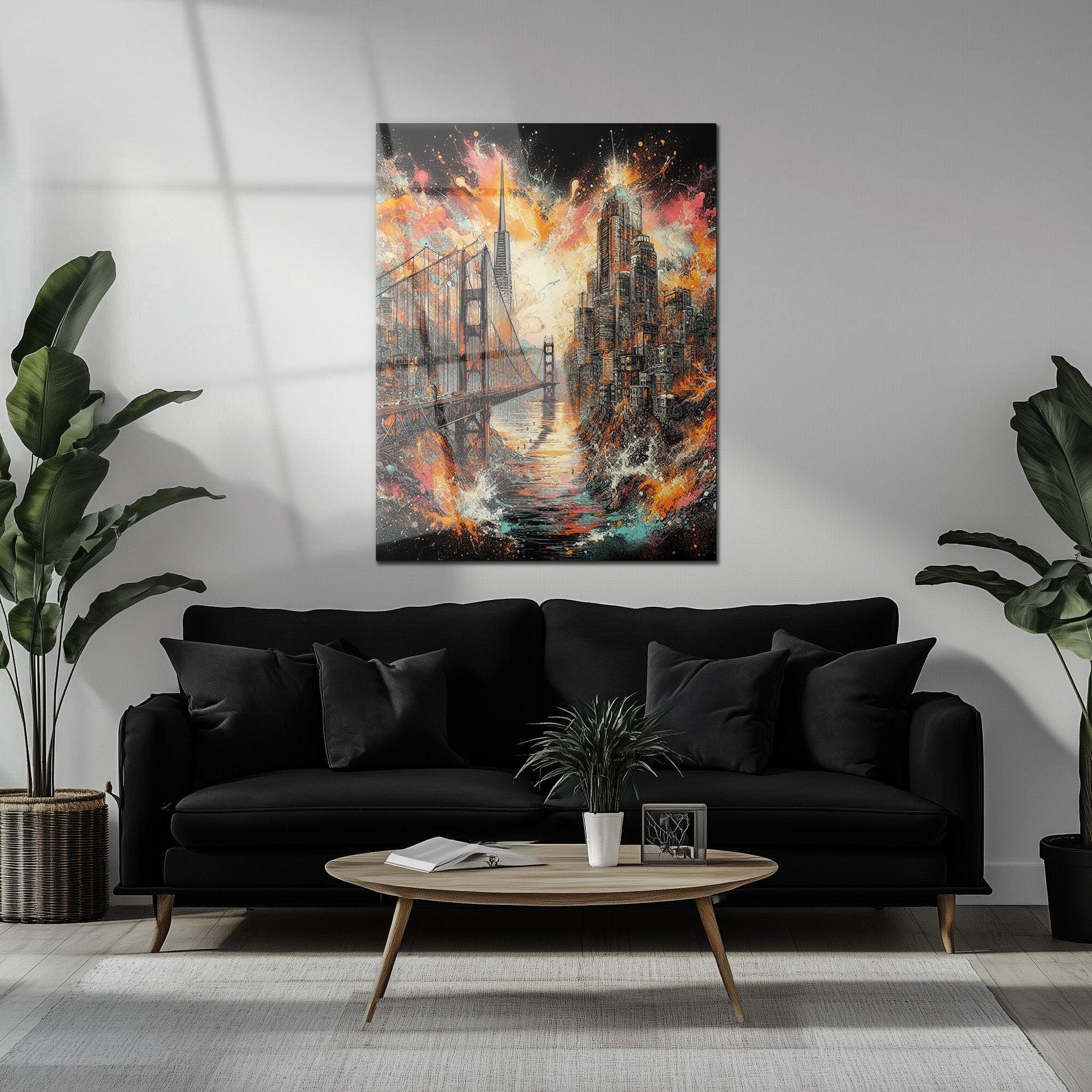 Explosive Golden Gate Cityscape Glass Wall Art – UV Printed Urban Abstract Panel-KAFCD061 Peony Atelier