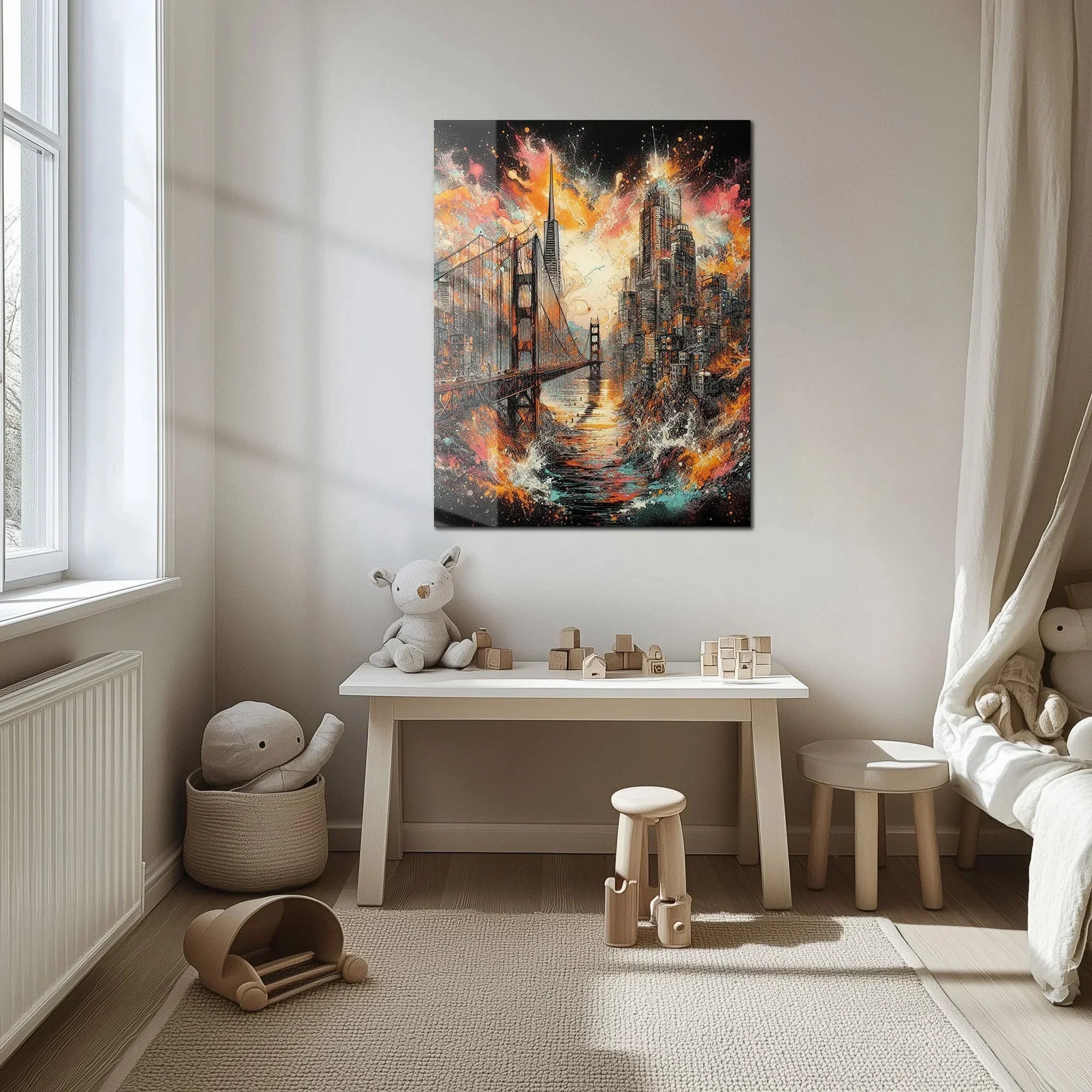 Explosive Golden Gate Cityscape Glass Wall Art – UV Printed Urban Abstract Panel-KAFCD061 Peony Atelier
