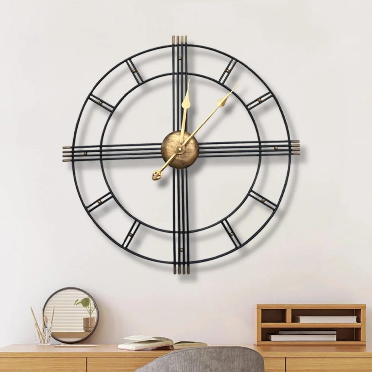 60cm Extra Large Metal Skeleton Wall Clock, European Retro Creative Wrought Iron Round Wall Clock Roman Numerals Silent Non Ticking Unique Unusual Clock, Outdoor Garden Clock, Perfect for Living Room, Bedroom, Kitchen, Garden House Of Avana