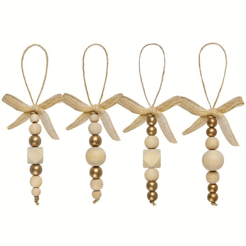 24pcs Bohemian Style Wooden Bead Christmas Tree Ornaments, Natural Wood Beads with Golden Beads and Bows - Farmhouse Style Hanging Decor for Wreaths, Holiday Trees, Floral Arrangements, Wedding Decor Accessories, Vintage Char House Of Avana