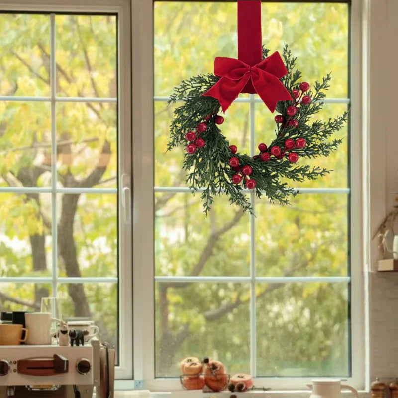 25.4 cm Artificial Faux Norfolk Pine Christmas Wreath with Red Berries, Burgundy Bow & Snow-Like Foliage - Pre-Decorated All-Weather /Outdoor Xmas Door Hanging Decoration, Easy to Install (No Maintenance) - Plastic Green Wrea House Of Avana