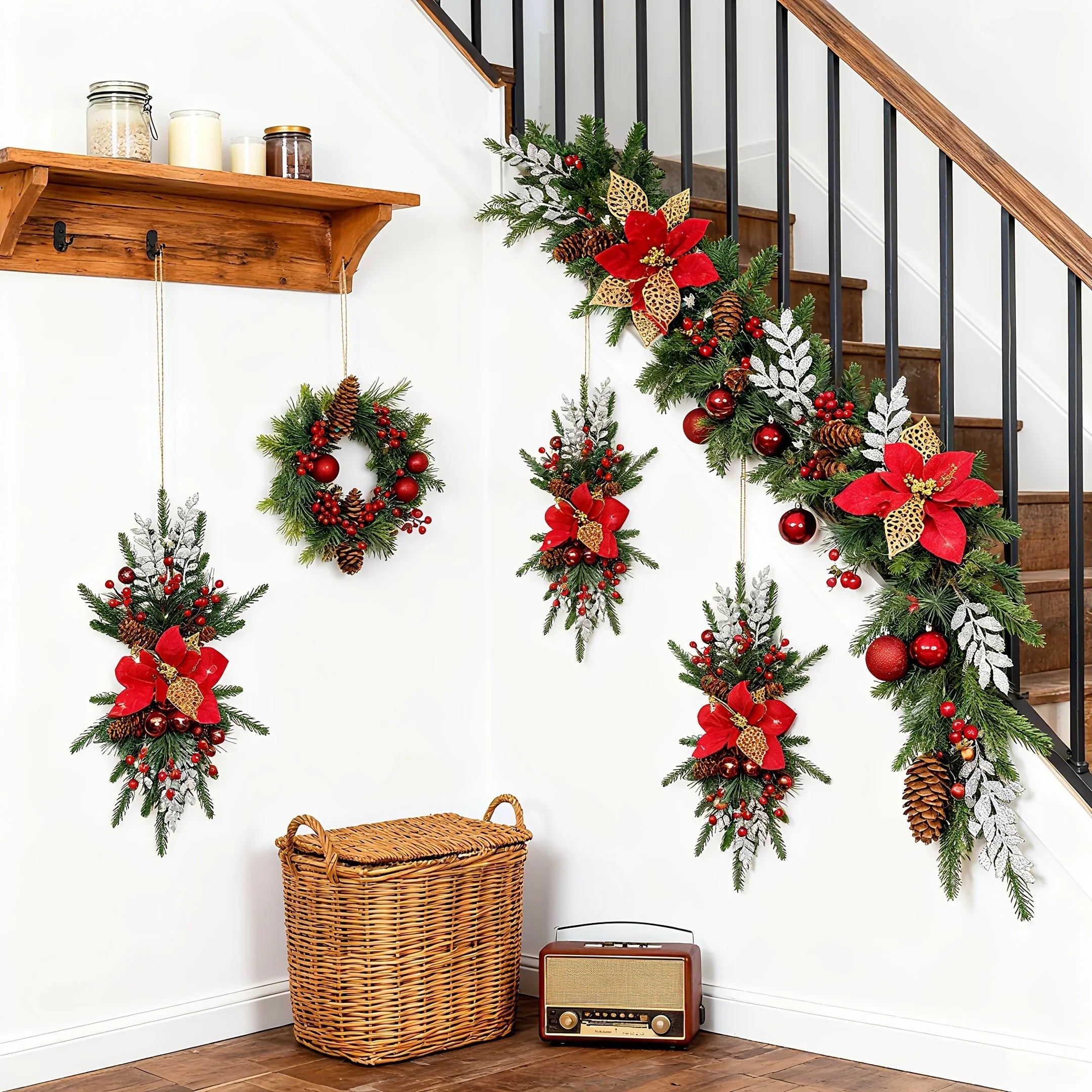 1-Pack 24-Inch Large Red & Christmas Garland with Poinsettias, Pine Cones, Berries & Bow - Stair Railing, Door, Wall Holiday Decorations - Plastic Faux Greenery Wreath for Xmas Tree-like Hanging (No Maintenance House Of Avana
