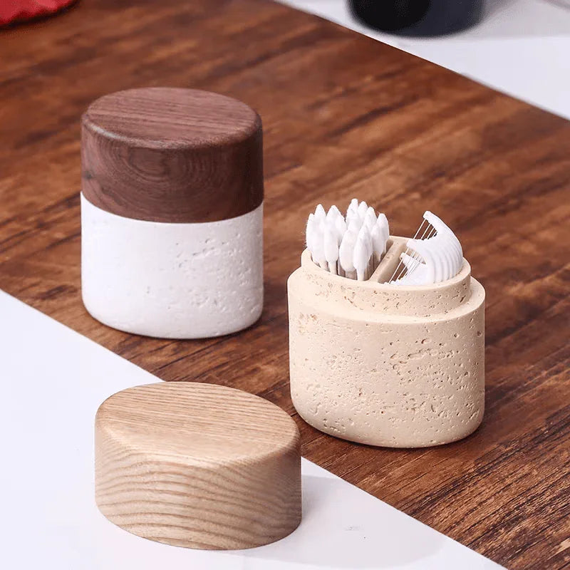 Wabi-Sabi Style Resin Toothpick and Swab Holder with Wooden Lid – Natural Look, Rustic Design, Perfect for Home Decor in Living Room, Dining Room, or Hotel – Ideal Gift for Christmas, Valentine'S Day, or Father'S Day, Too House Of Avana