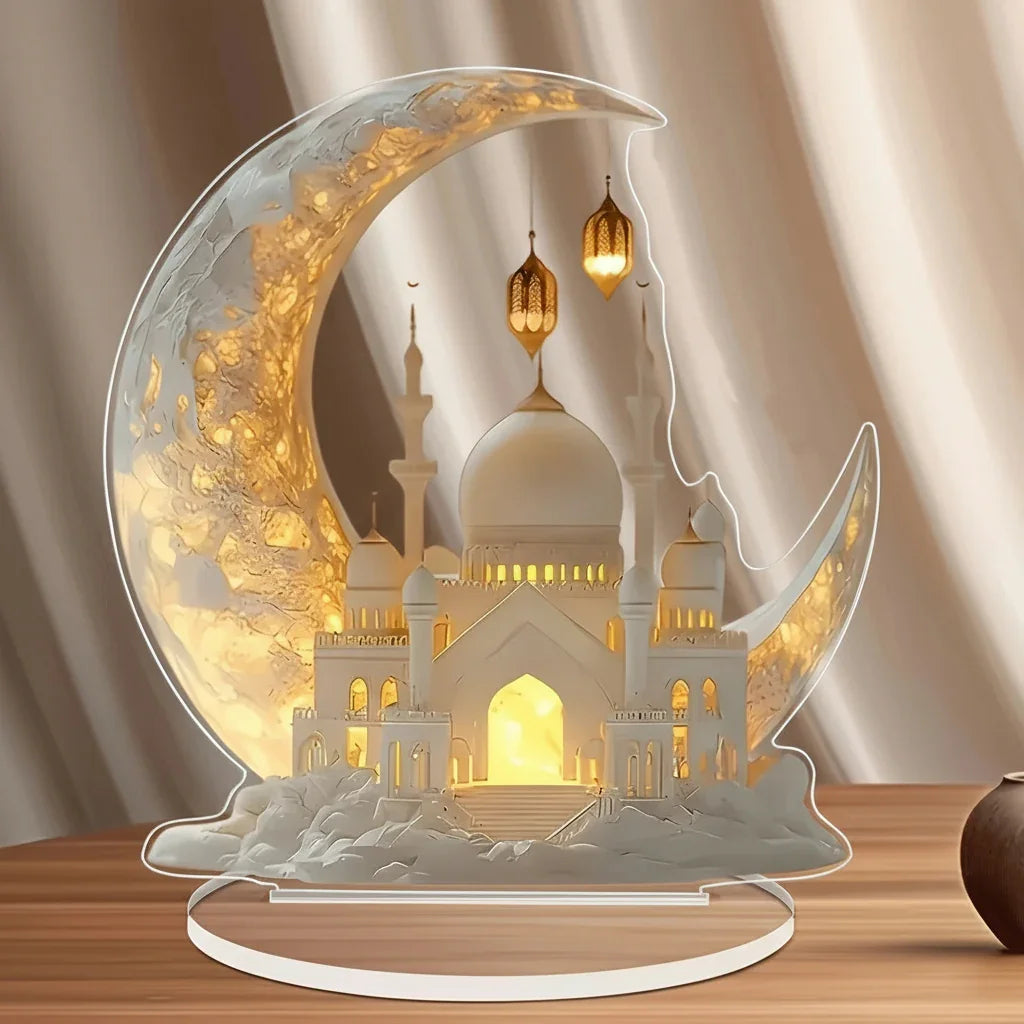 2D Flat, 1pc Elegant Bohemian Style Acrylic Decorative Plaque with Base - Crescent Moon & Islamic Architecture Design, Multifunctional Tabletop Ornament for Ramadan and Easter, Perfect for Home and Garden Decoration, Islamic House Of Avana