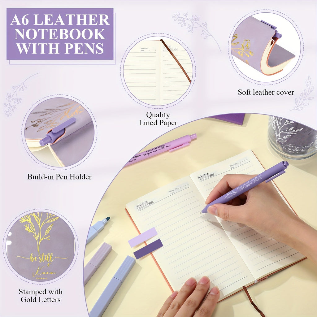 29pcs Bible Journaling Kit 16oz Glass Cup Canvas Bag Leather Notebook Highlighters And Pens Sticky Note Tapes Gift Bible Study Supplies for Teacher Women Men Party Packs (Boho, Purple) House Of Avana