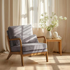 Mid-Century Modern Blue & White Striped Accent Armchair with Lumbar Pillow - 16cm Thick Seat Cushion, Wooden Armrests, Cozy Lounge Chair for Bedroom, Living Room, Reading Nook, Armchair for Living Room, Bedroom Seating, Minim House Of Avana