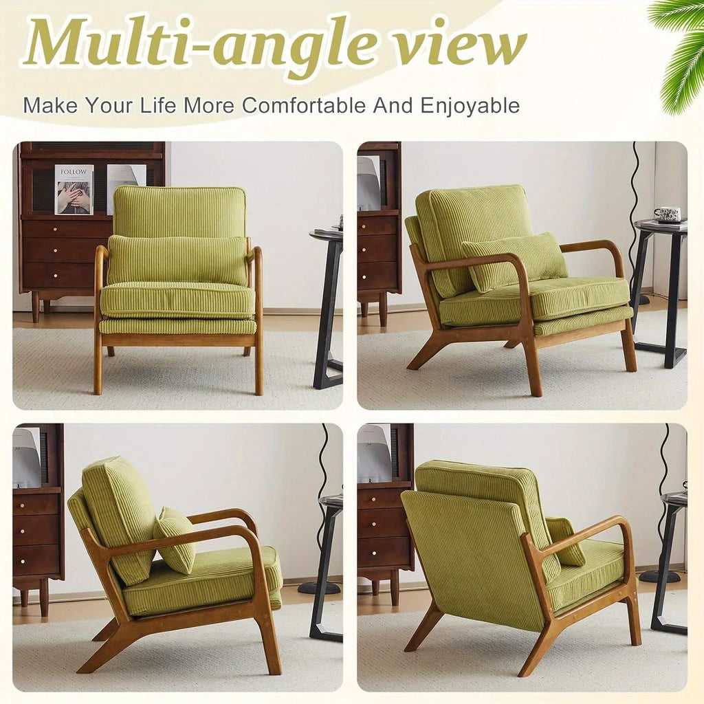 Mid-Century Modern Blue & White Striped Accent Armchair with Lumbar Pillow - 16cm Thick Seat Cushion, Wooden Armrests, Cozy Lounge Chair for Bedroom, Living Room, Reading Nook, Armchair for Living Room, Bedroom Seating, Minim House Of Avana