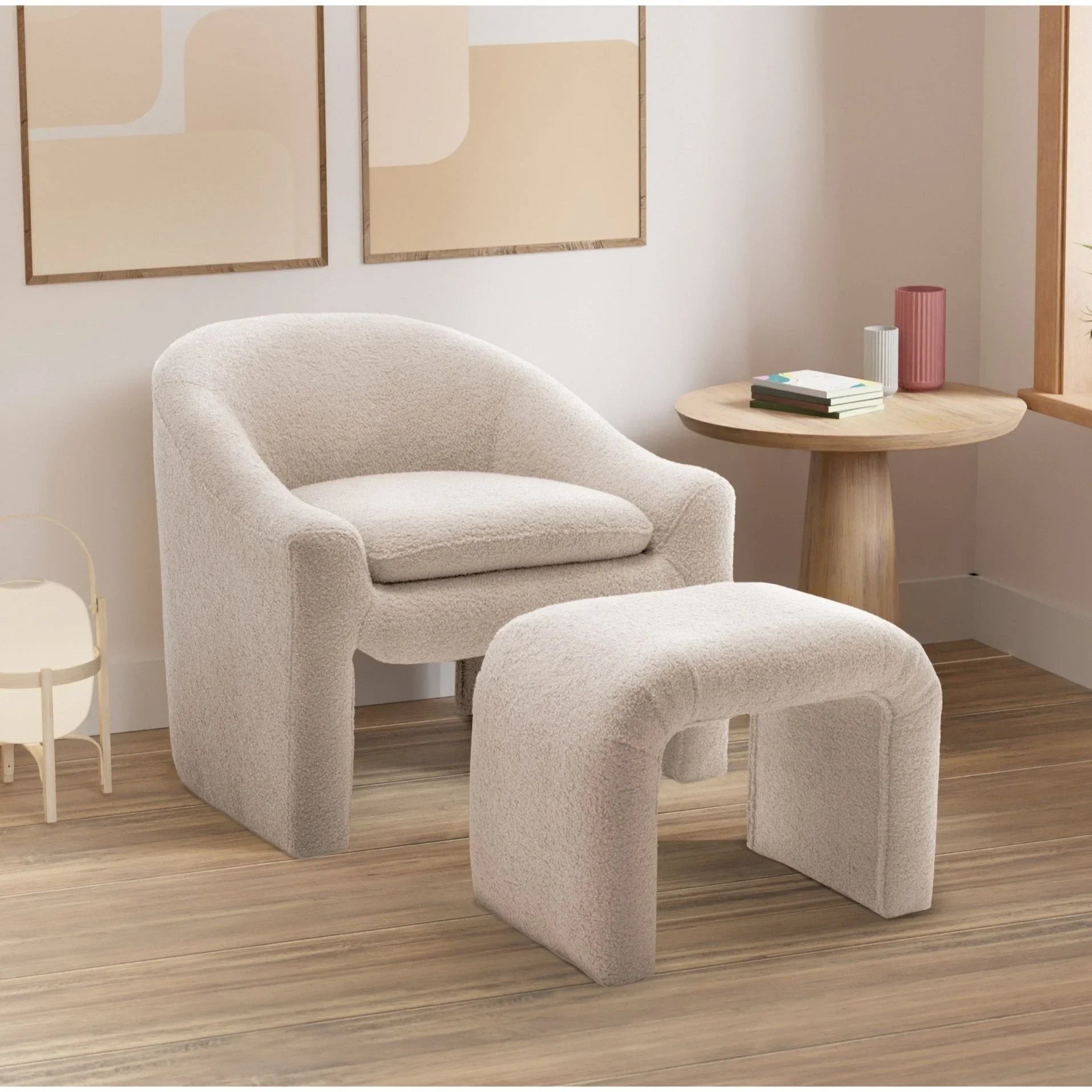 Teddy Boucle Fabric White Nicci Accent Chair with Footstool House Of Avana