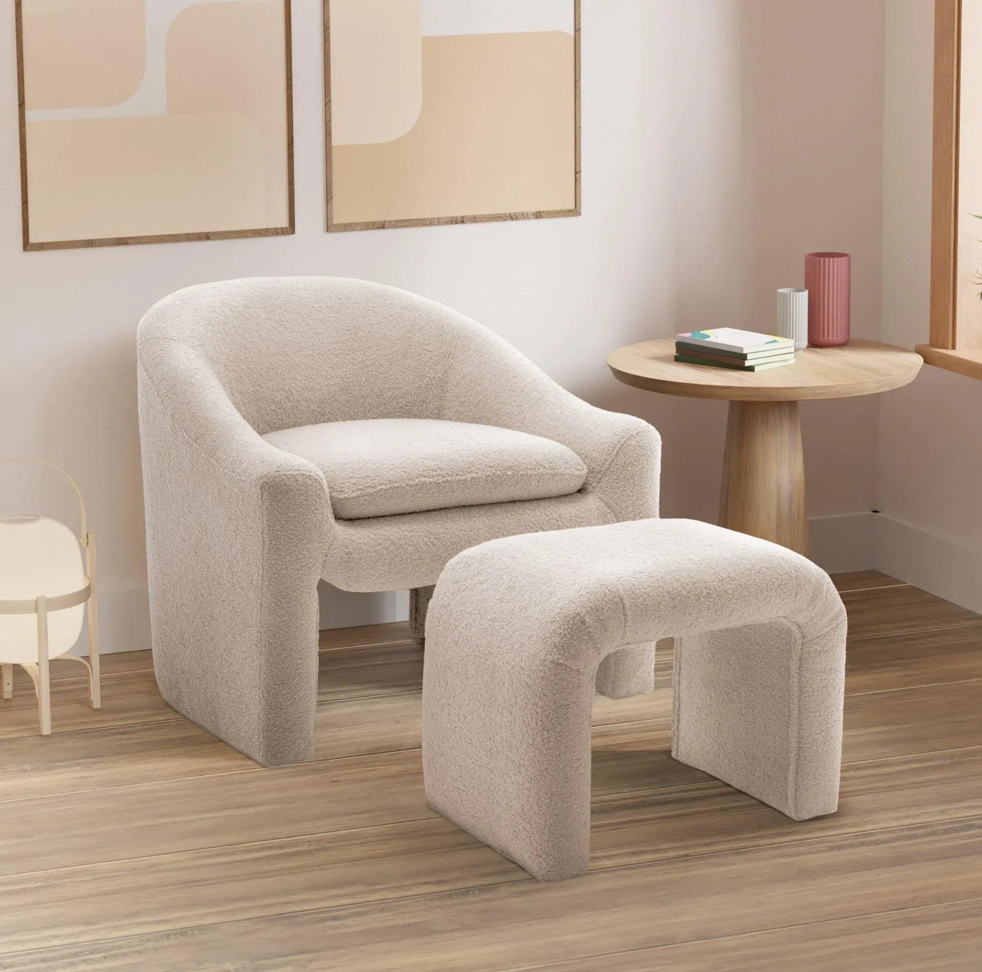 Teddy Boucle Fabric White Nicci Accent Chair with Footstool House Of Avana