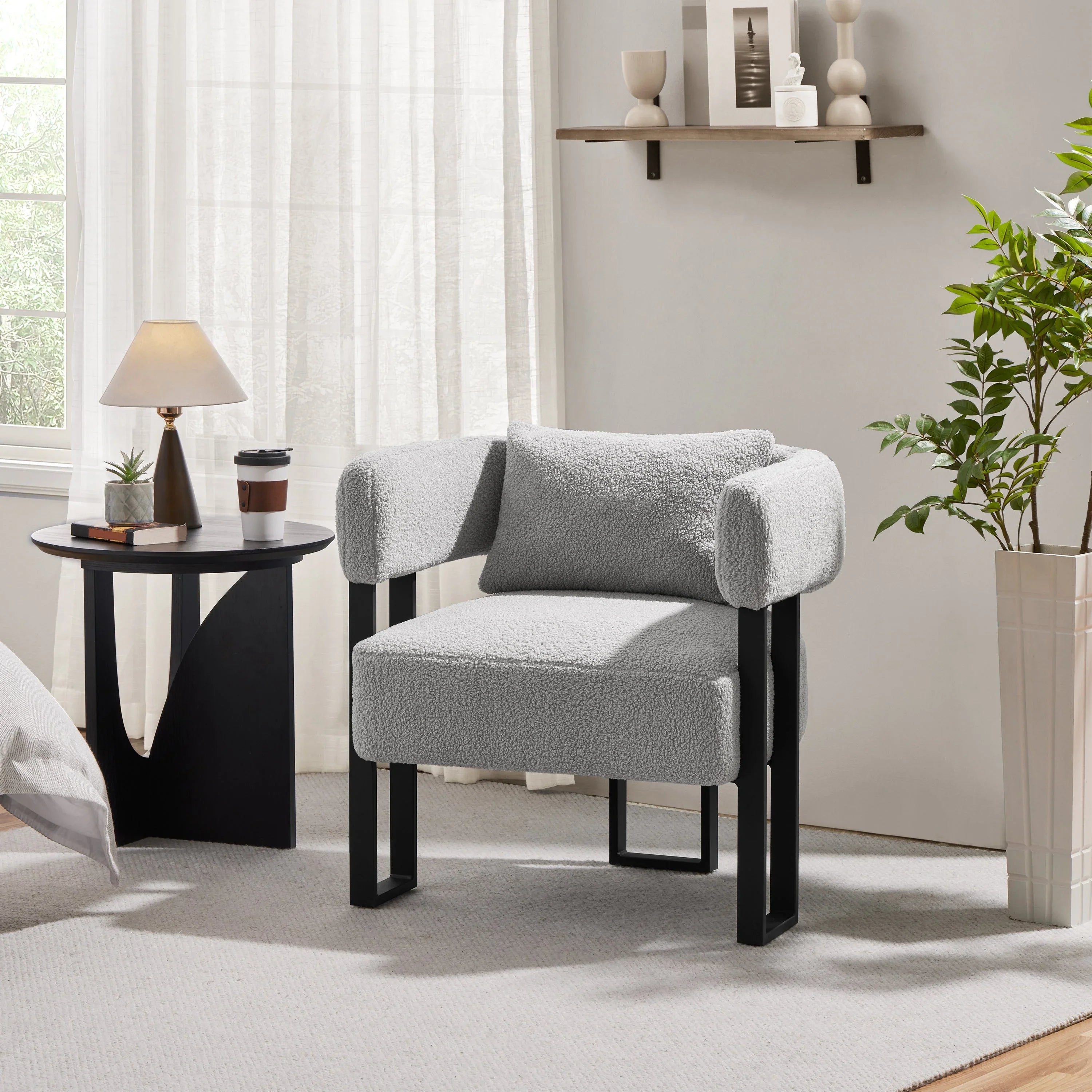 Fabric Upholstered Accent Armchair with Boucle Texture, in-use display - House Of Avana