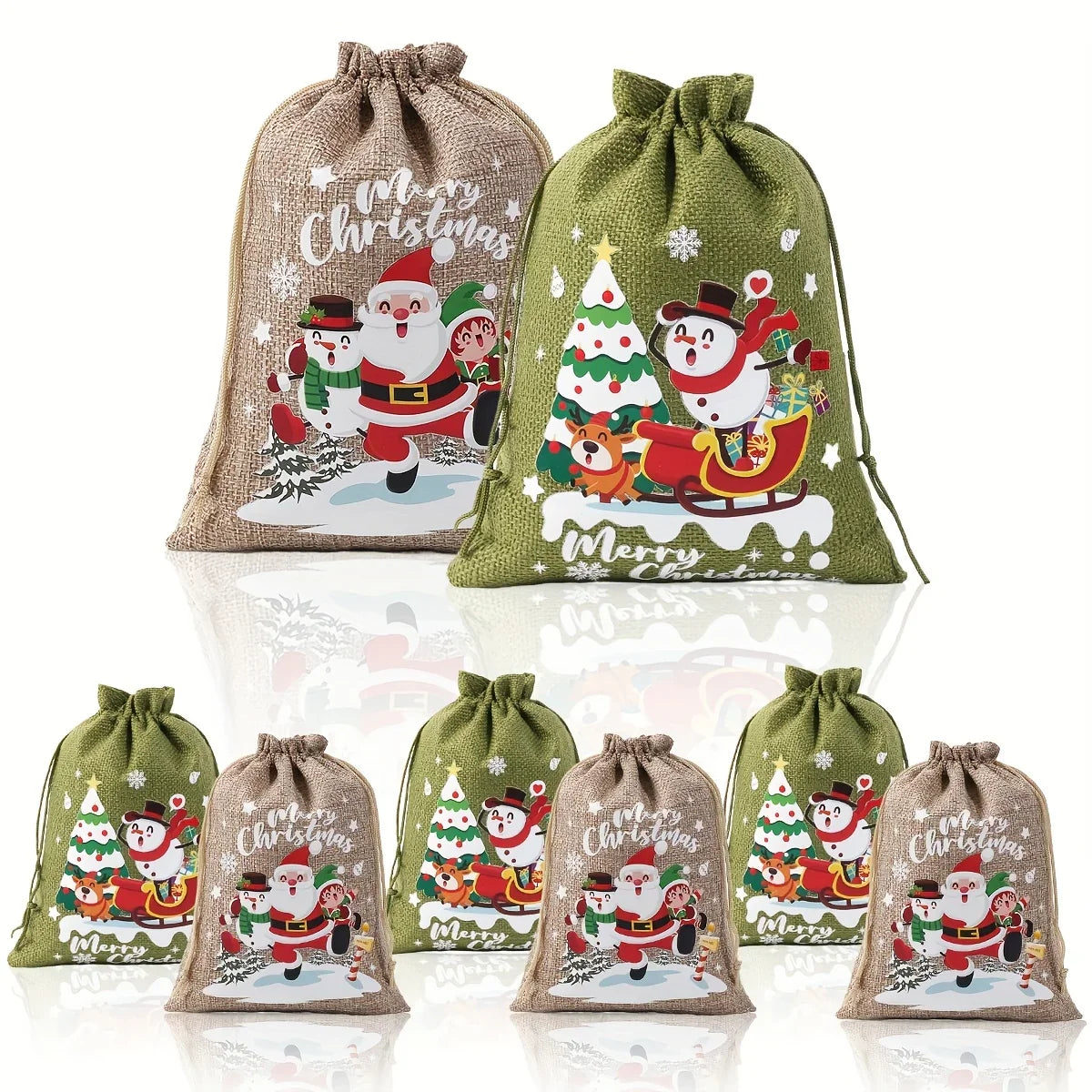 Fabric Christmas Gift Bags with Drawstring Closure - Green/brown Cloth Santa Patterns - House Of Avana
