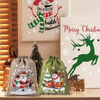 Fabric Christmas Gift Bags with Drawstring Closure - Green/brown Cloth Santa Patterns - House Of Avana