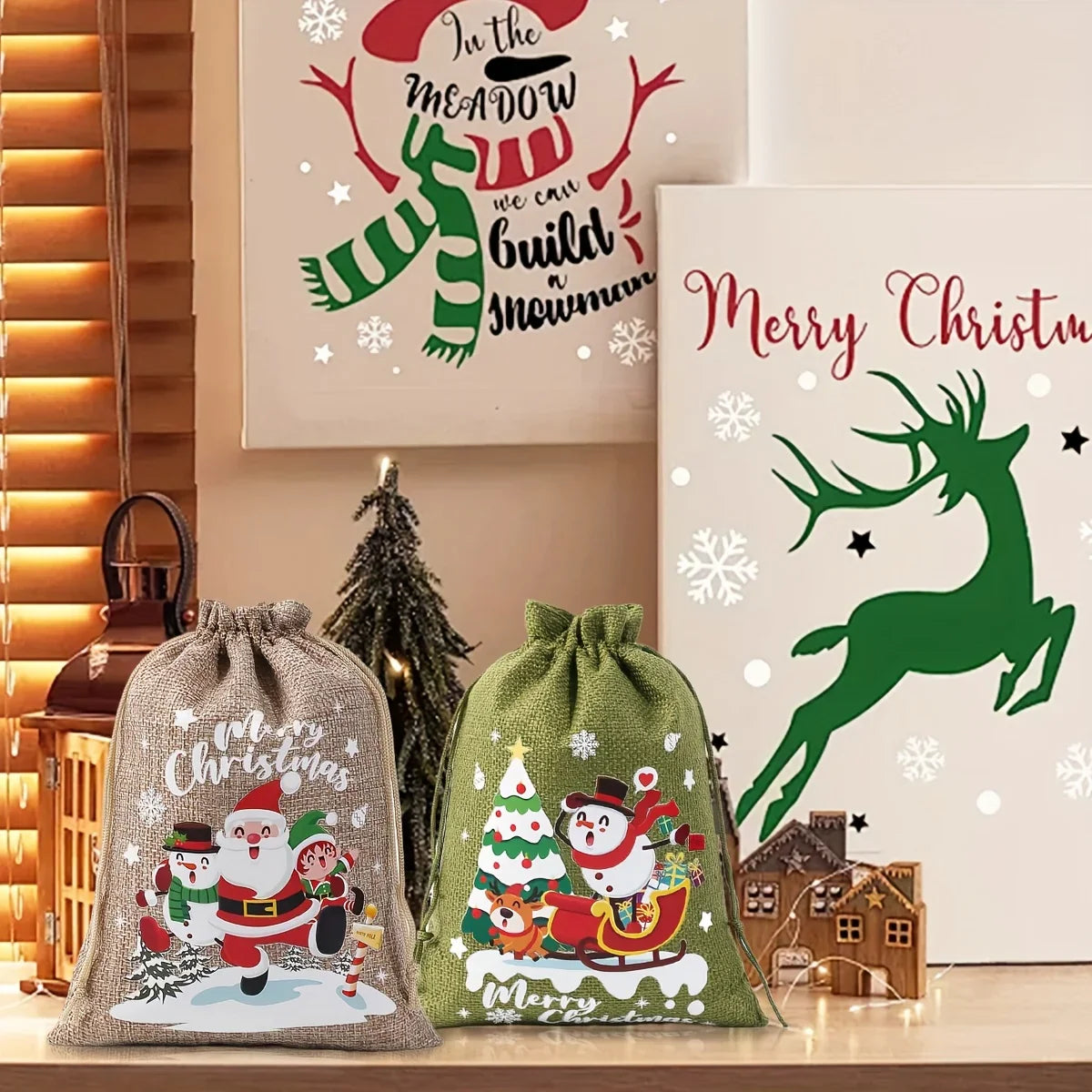 Fabric Christmas Gift Bags with Drawstring Closure - Green/brown Cloth Santa Patterns - House Of Avana
