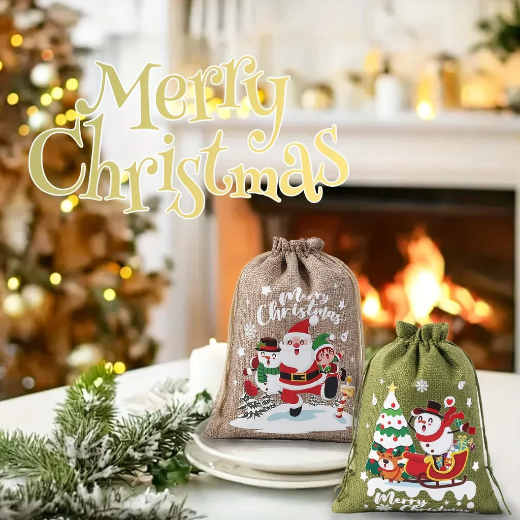 Fabric Christmas Gift Bags with Drawstring Closure - Green/brown Cloth Santa Patterns - House Of Avana