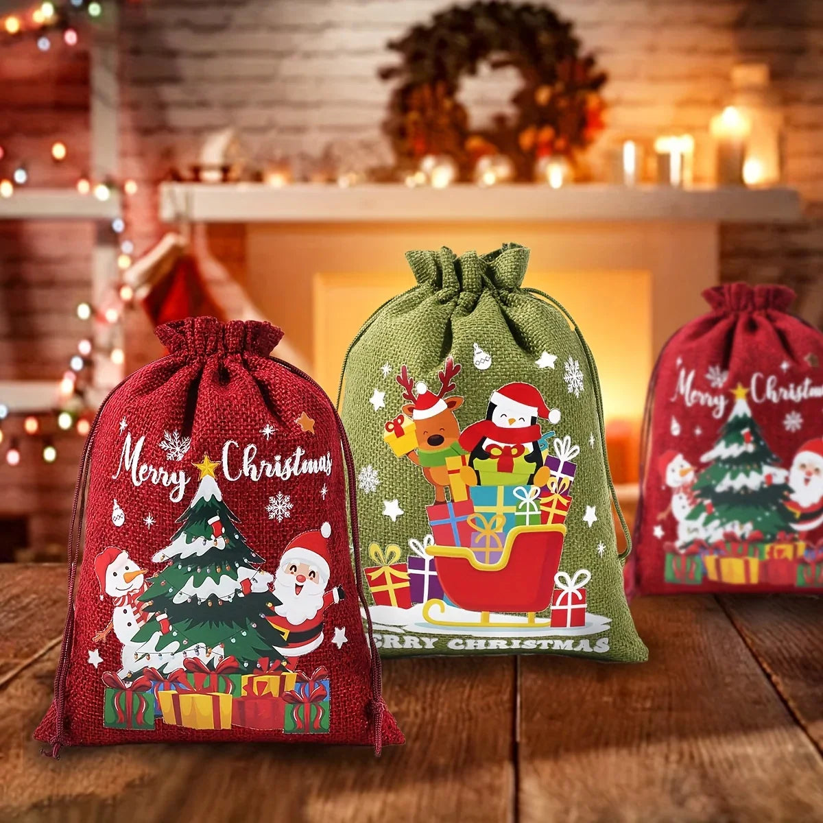 Fabric Christmas Gift Bags with Drawstring Closure - Green/brown Cloth Santa Patterns - House Of Avana