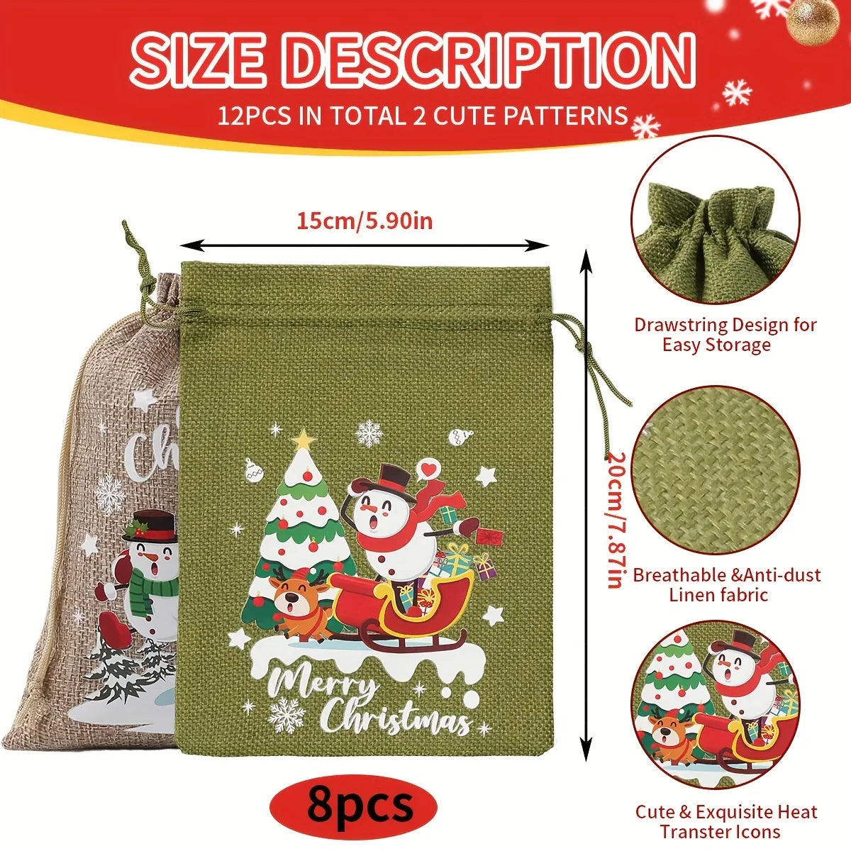 Fabric Christmas Gift Bags with Drawstring Closure - Green/brown Cloth Santa Patterns - House Of Avana