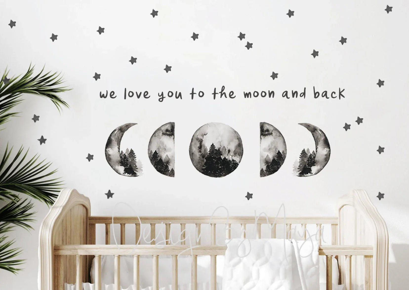 "i Love You to the Moon and Back" - Full Moon and Stars - Fabric Nursery Wall Art Decals, front view - House Of Avana