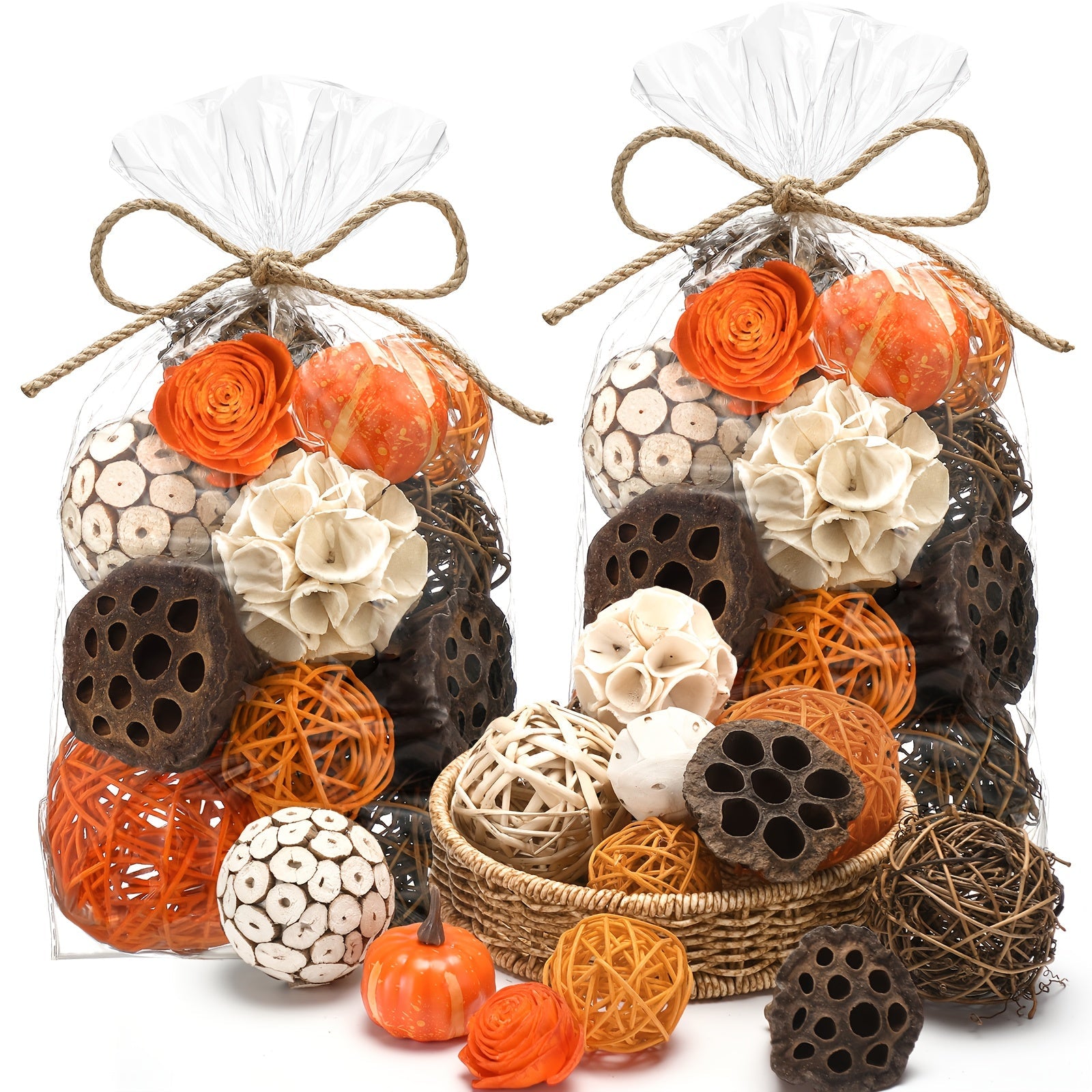 2 Pack Natural Rattan & Wicker Balls - Assorted Spherical Decorative Bowl Fillers for Home Centerpieces, Christmas Tabletop Decor, Living Room Accents, No Container Included, Christmas Decorations, Rustic Charm, Handcrafted L House Of Avana