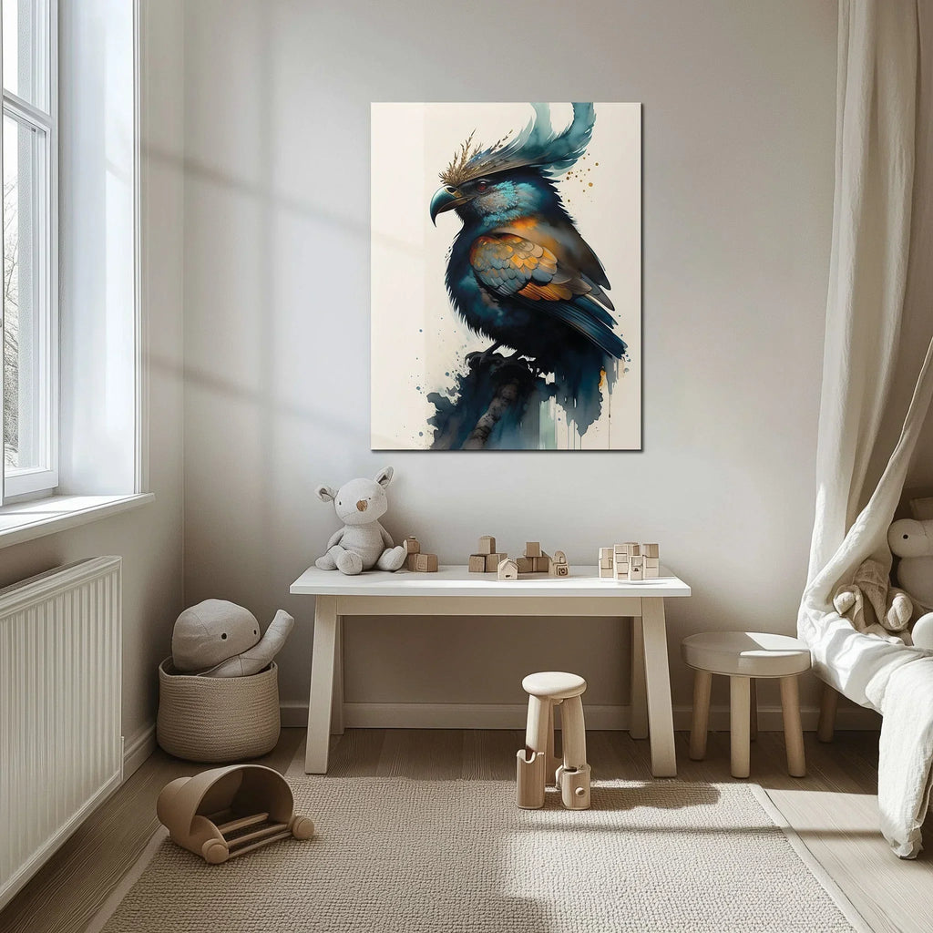 Fantasy Crowned Bird Glass Wall Art – Colorful Watercolor UV Print Design-KAFCD051 Peony Atelier