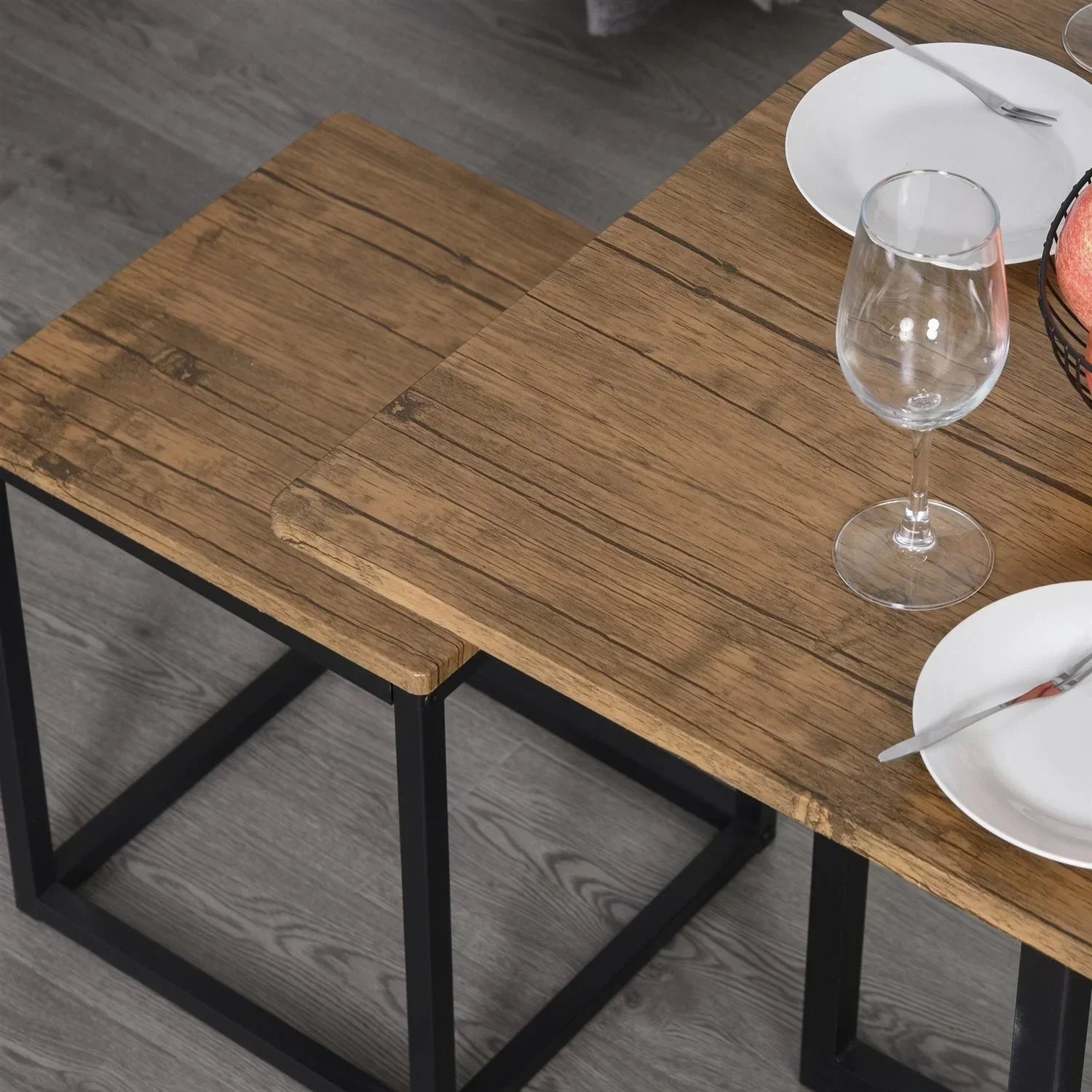 Farmhouse 5 Piece Square Walnut Wood Steel Kitchen Dining Set