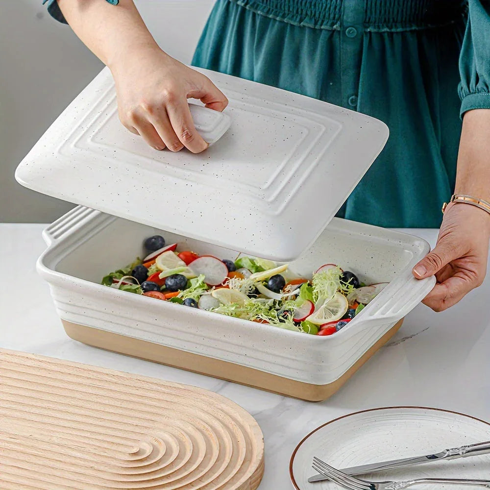 [Farmhouse Casserole Dish] HVH 3.5Qt 13x9 Ceramic Casserole Dish with Lid | Oven Safe, Large Covered Rectangular Baking Dish, Farmhouse Style, 9x13 Casserole Dish Set House Of Avana