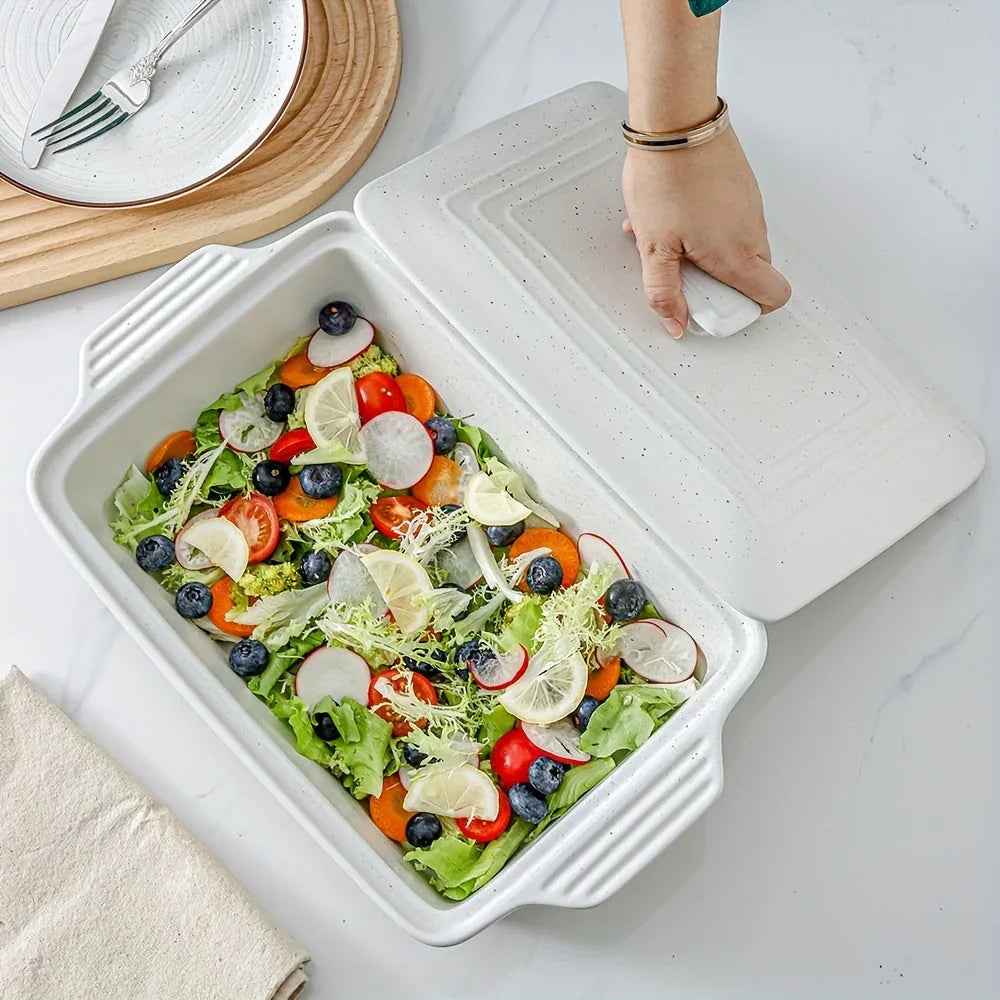 [Farmhouse Casserole Dish] HVH 3.5Qt 13x9 Ceramic Casserole Dish with Lid | Oven Safe, Large Covered Rectangular Baking Dish, Farmhouse Style, 9x13 Casserole Dish Set House Of Avana