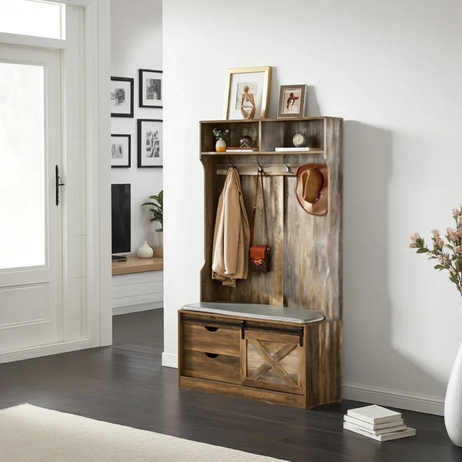 Farmhouse Entryway Bench with Coat Rack House Of Avana