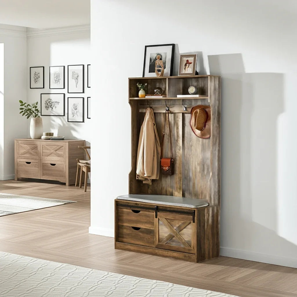 Farmhouse Entryway Bench with Coat Rack House Of Avana
