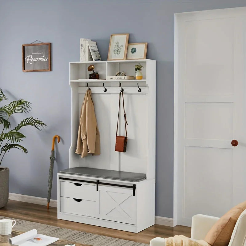 71'' Farmhouse Hall Tree, Entryway Storage Bench with Sliding Barn Door and Coat Rack, Wood Coat Tree Christmas, Halloween Gift House Of Avana
