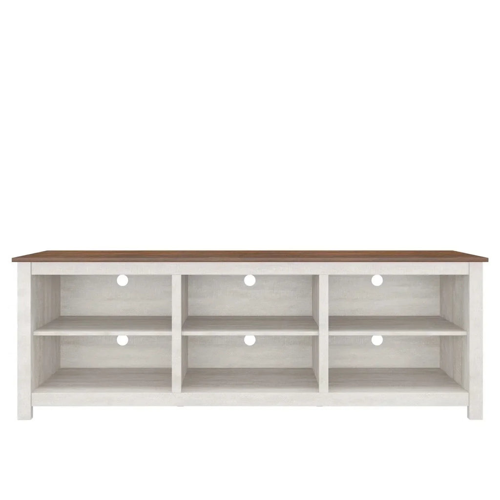 Farmhouse TV Stand in Grey Oak with Brown Wood Finish Top for TVs up to 70-inch