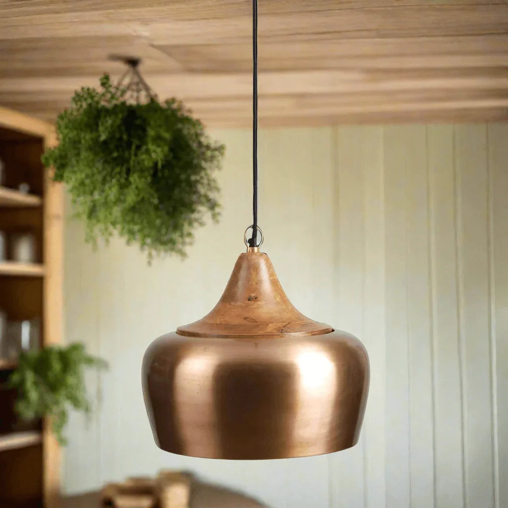 Wood pendant light with satin brass accents, rustic farmhouse style - House of Avana