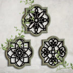 Black wooden wall hanging decor, intricate floral design, wooden plaques - House of Avana