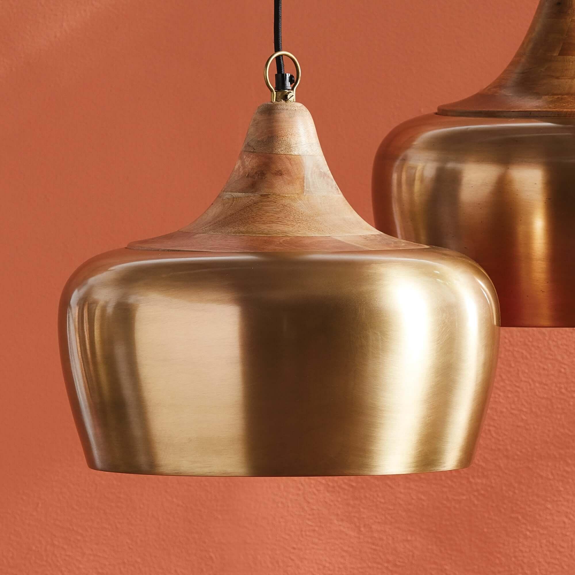 Farmhouse Wood and Satin Brass Pendant Light Vintage Shopper