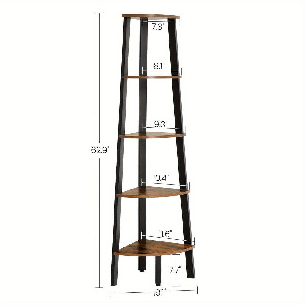 5-Tier Corner Shelf Stand - Rustic Wood & Black Metal Frame, Narrow Freestanding Design for Living Room, Bedroom, or Study - Maximize Space with Stylish Display Shelves, Preppy Room Decor House Of Avana