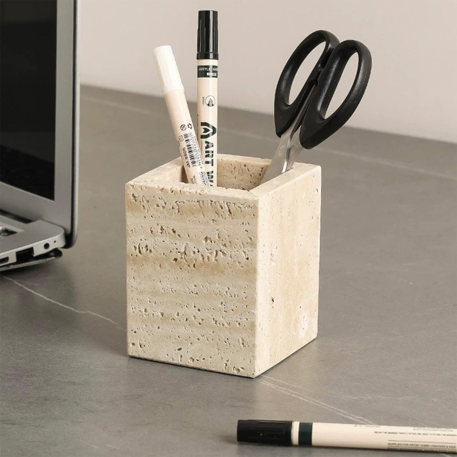 Travertine Desk Organizer - Natural Beige Stone Multi-Purpose Storage for Pens, Makeup Brushes, Toothbrush | Durable Vanity Tray & Pen Holder for Office, Bathroom, Bedroom Decor, Vanity Desk, Handcrafted Look, Home Organizati House Of Avana