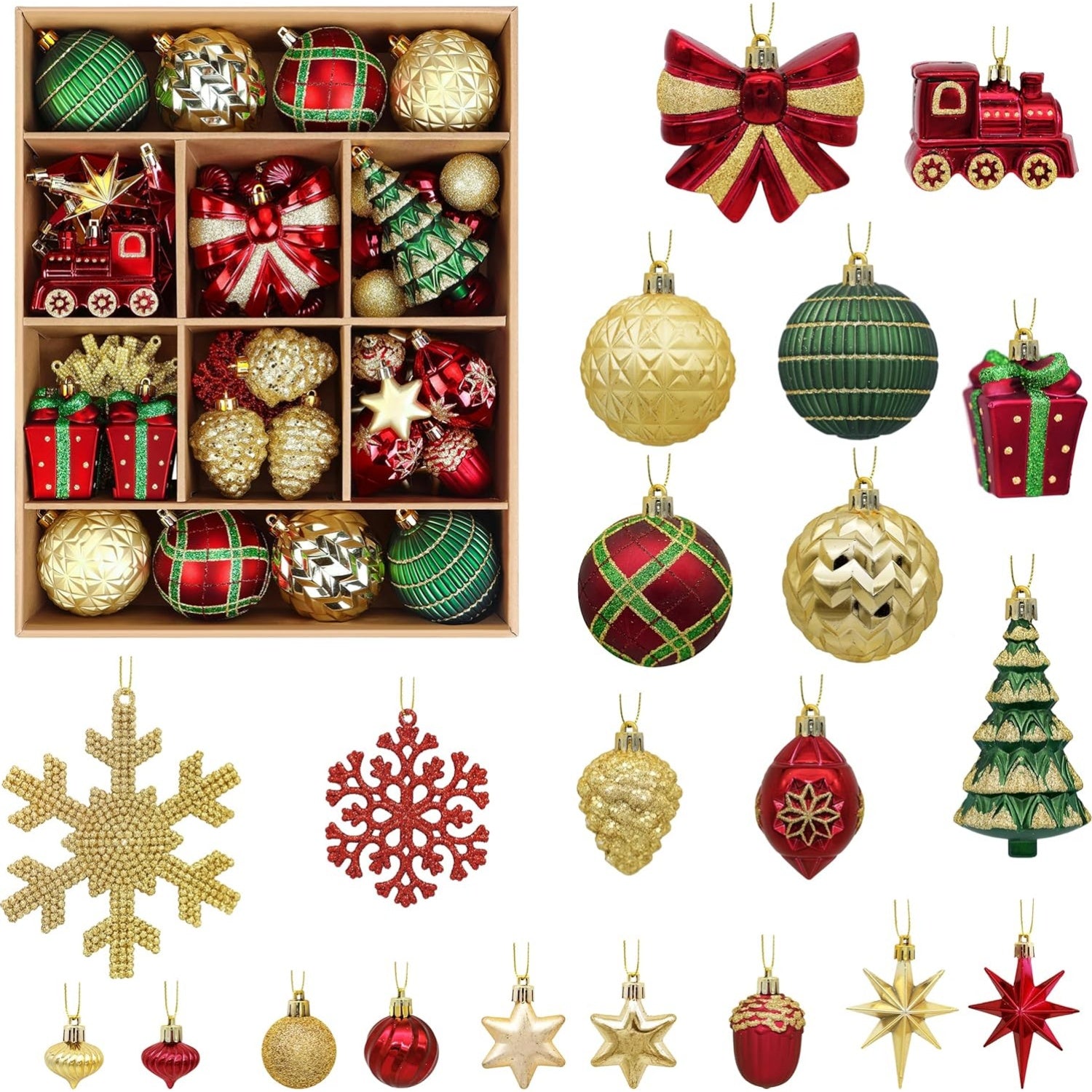[Christmas, Weddings, Parties] 82pcs Shatterproof Plastic Christmas Ornaments Set - Red, Green & Golden/White Decorations with Golden Caps & Hanging Strings, Large & Small Holiday Tree Decor for Xmas, Weddings, Parties - & Pe House Of Avana